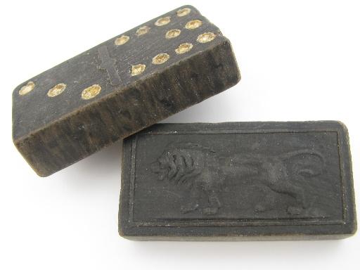 antique lacquerware wood box and dominoes, old game pieces parts domino tiles