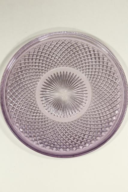 antique lavender glass cake plate or serving tray, English hobnail waffle block EAPG