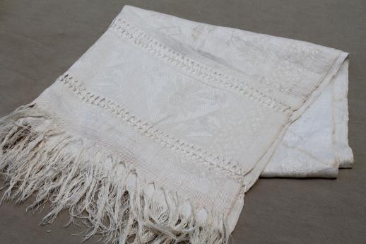 antique linen damask cloth towel with elaborate drawn thread work, vintage farmhouse table runner