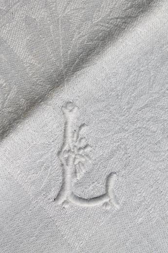 antique linen damask dinner napkins w/ whitework embroidered letter L monogram