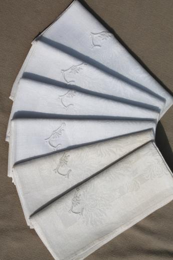 antique linen damask dinner napkins w/ whitework embroidered letter L monogram