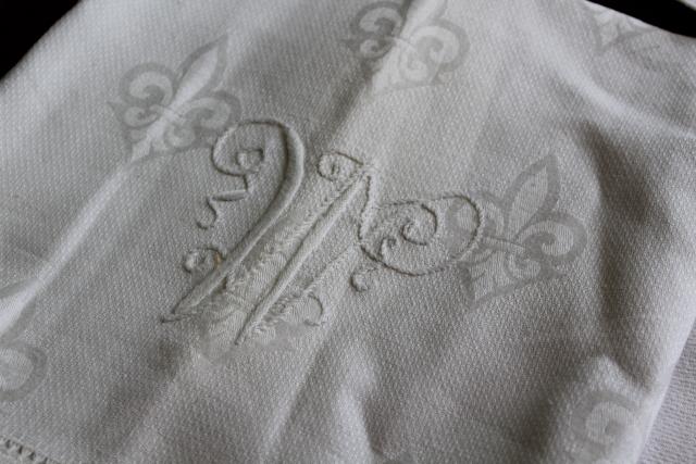 antique linen huckaback & cotton huck cloth towels, whitework embroidered monograms