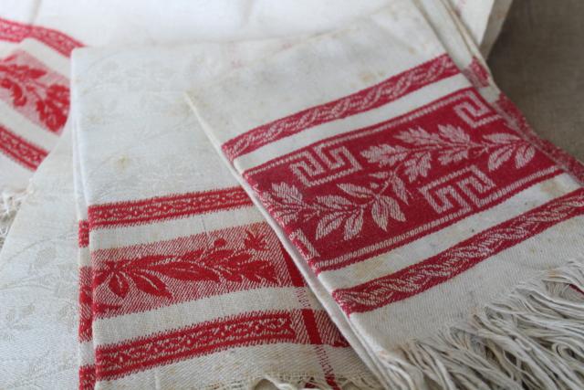 antique linen turkish towels circa 1890s, turkey red woven damask borders w/ fringe