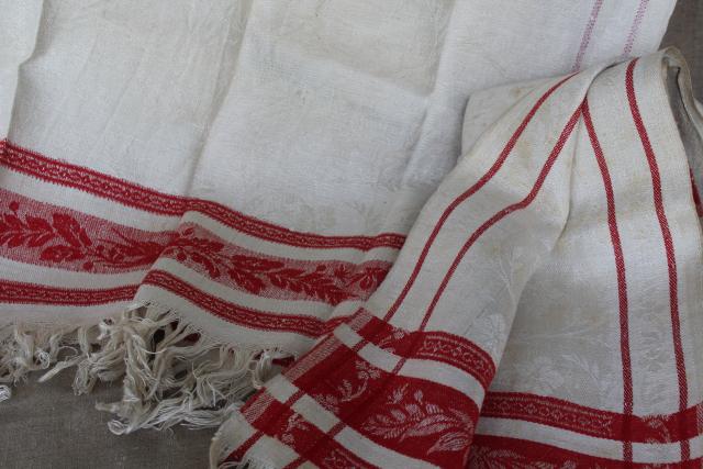 antique linen turkish towels circa 1890s, turkey red woven damask borders w/ fringe