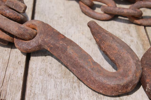 antique logging chain w/ large hand forged iron ring farm tool for towing, skiding & stump pulling