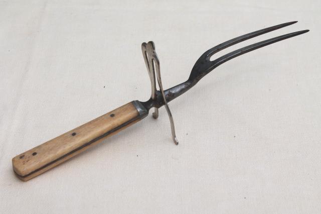 antique meat fork w/ old bone handle, 1800s vintage game or roast carving fork