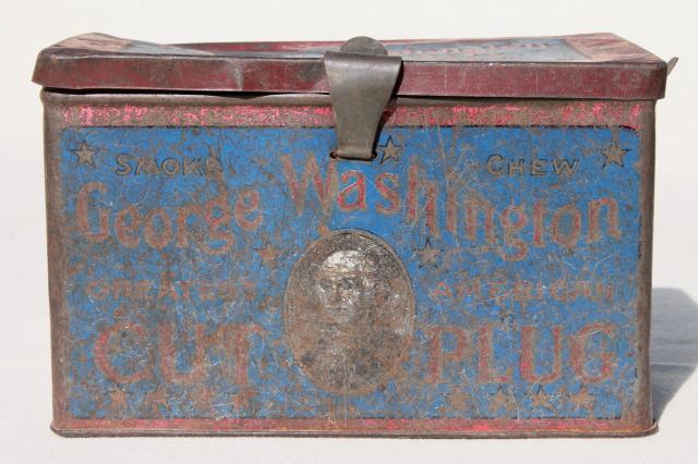 antique metal box tobacco tin, George Washington cut plug w/ old blue & red paint