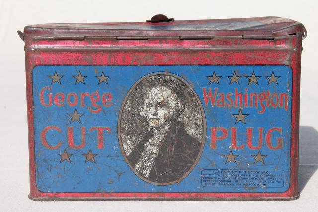 antique metal box tobacco tin, George Washington cut plug w/ old blue & red paint