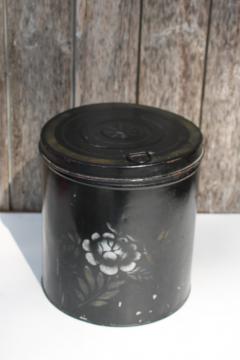 antique metal canister tin w/ stencil flower on original black paint, vintage farmhouse