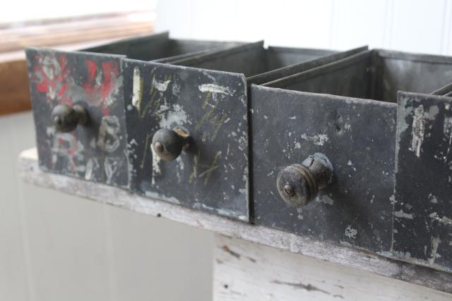 antique metal junk drawers, vintage industrial parts storage cubbies for rustic upcycle