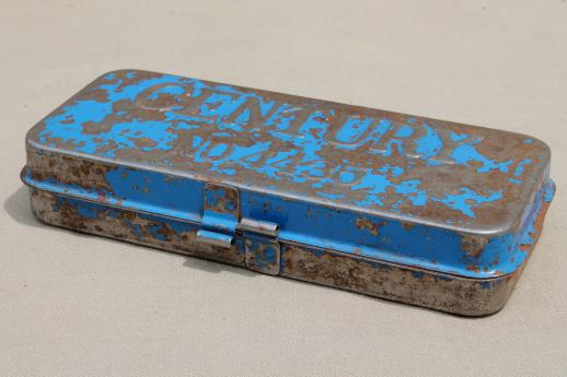 antique metal tool box, Century tin w/ worn & distressed vintage blue paint
