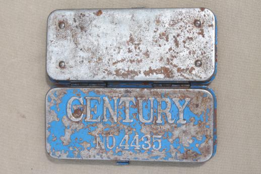 antique metal tool box, Century tin w/ worn & distressed vintage blue paint