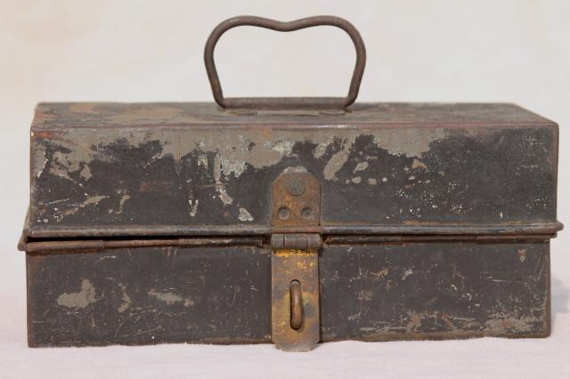 antique metal toolbox w/ early industrial vintage tools, palette knives & spatulas