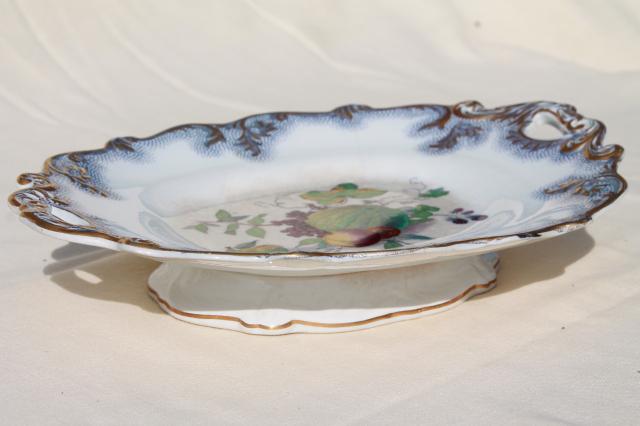 antique mid 1800s vintage flow blue polychrome transferware fruit dish, large old china bowl