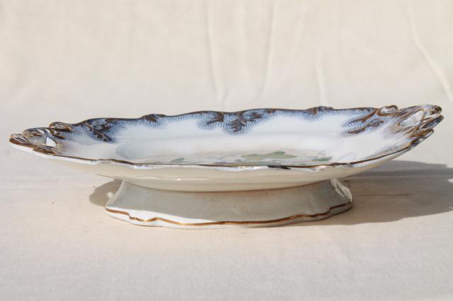 antique mid 1800s vintage flow blue polychrome transferware fruit dish, large old china bowl