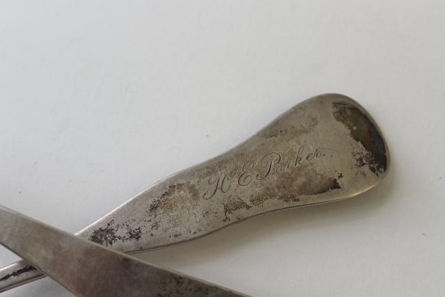 antique mid 19th century serving spoons, engraved script coin silver & german silver