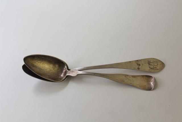 antique mid 19th century serving spoons, engraved script coin silver & german silver