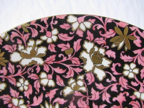 antique mid-1800s vintage English chintz china plate, black / pink / gold