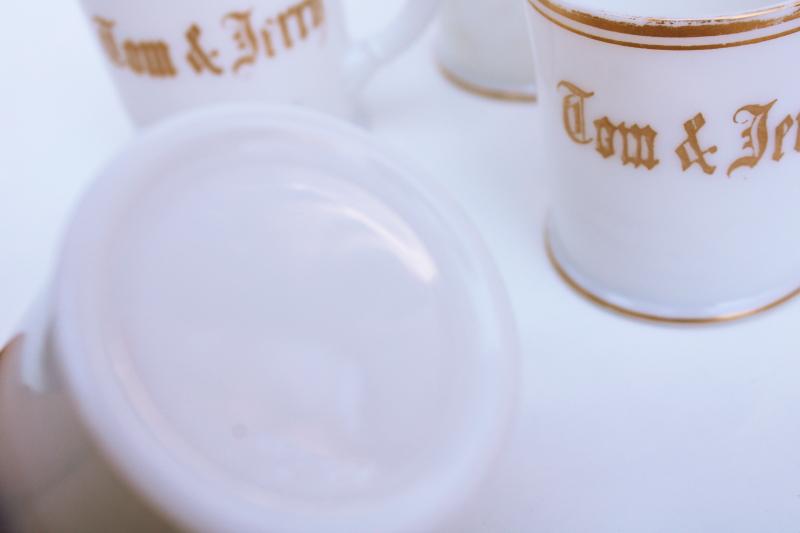 antique milk glass mugs, early 1900s vintage Tom and Jerry Christmas eggnog punch cups
