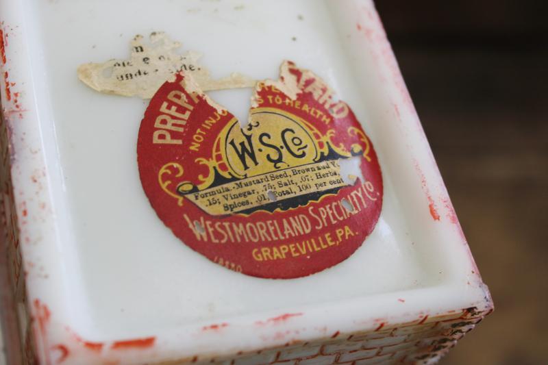 antique milk glass mustard pot w/ house shape vintage Westmoreland Grapeville paper label