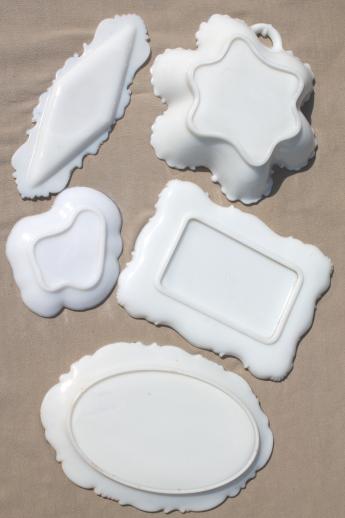 antique milk glass pin trays, perfume bottle tray, catch-all dish for vanity table
