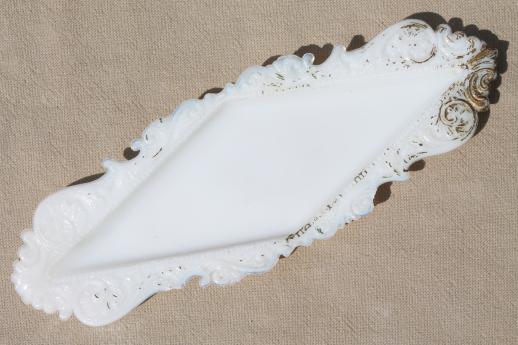 antique milk glass pin trays, perfume bottle tray, catch-all dish for vanity table