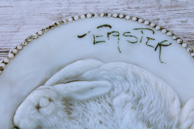 antique milk glass plate Easter decoration, embossed rabbit  shamrock clover EAPG Fenton glass