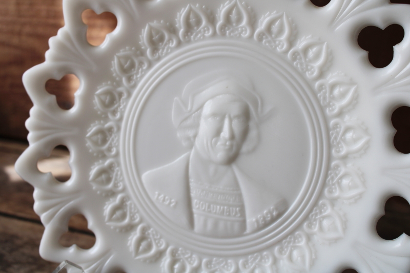 antique milk glass plate made for 1892 Columbian Exposition, portrait of Columbus