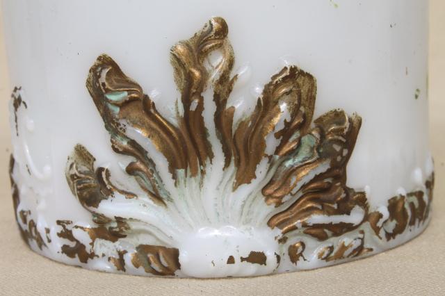 antique milk glass vanity table dresser band box, unusual tall powder jar w/ ornate gold