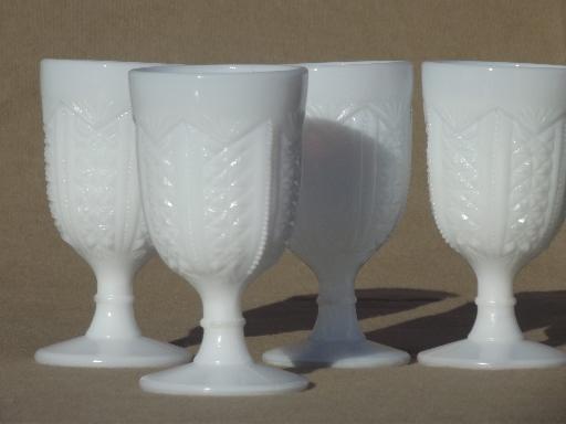 antique milk glass wine glasses, diamond & zipper pressed glass goblets 