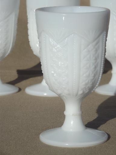 antique milk glass wine glasses, diamond & zipper pressed glass goblets 