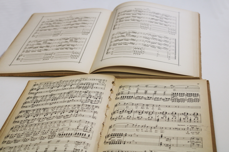 antique music books, singers opera scores neutral colors shabby vintage decor