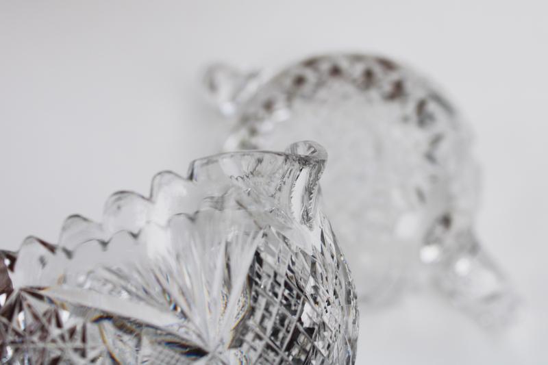 antique near cut pattern glass cream pitcher & sugar bowl, heavy crystal clear glass