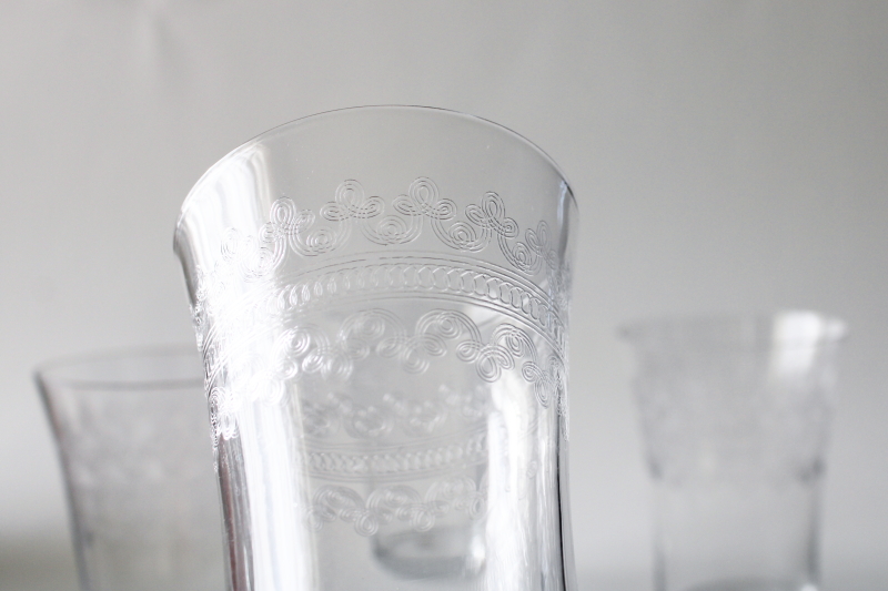 antique needle etched glass tumblers, turn of the century vintage drinking glasses set