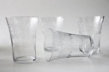 antique needle etched glass tumblers, turn of the century vintage drinking glasses set