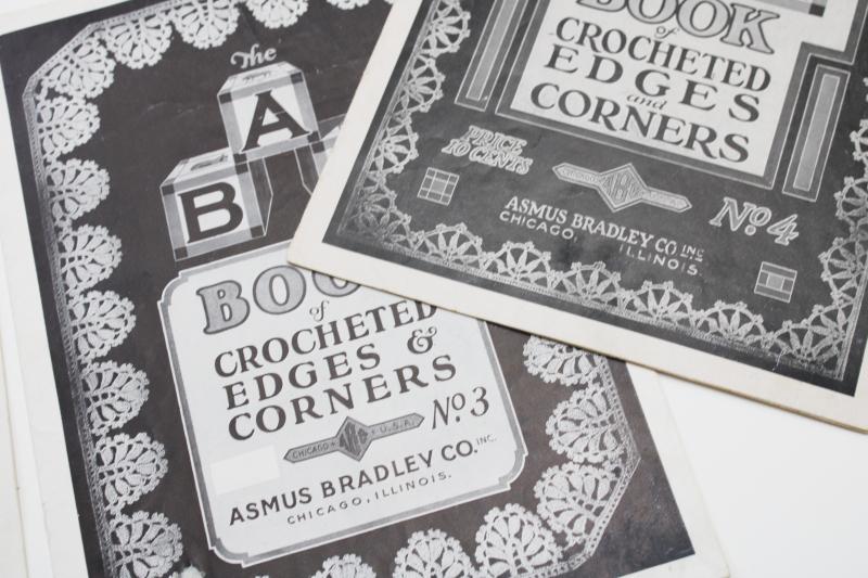 antique needlework booklets, crochet lace edgings trim, Asmus Bradley books 1-2-3-4