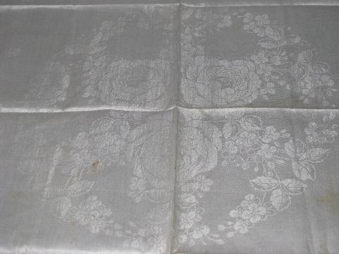 antique never used violets ivory linen damask centerpiece tablecloth, embroidered scallops