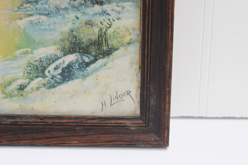antique oak framed art small print or pastel drawing spooky moody bare trees fall winter landscape scene