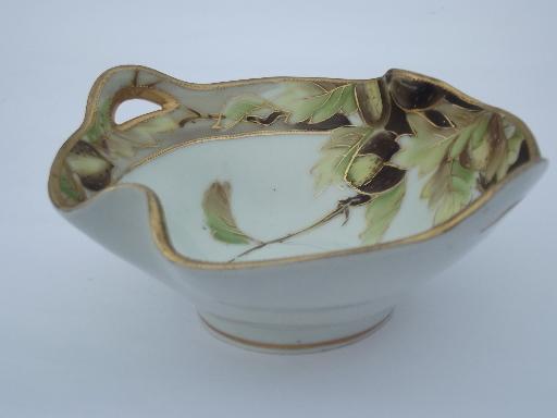 antique oak leaf and acorn hand painted Nippon china bowl, leaves and gold