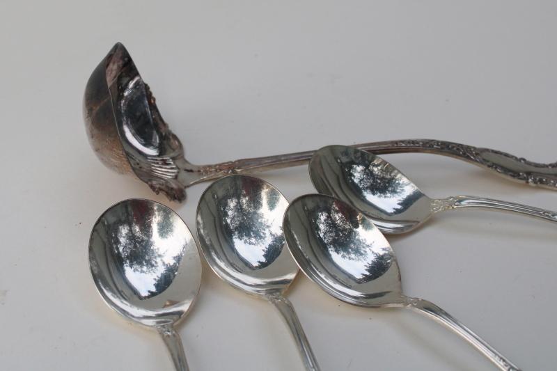 antique ornate silver plate flatware, Oxford Wm Rogers round soup spoons & ladle
