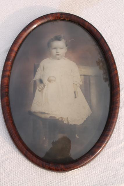 antique oval domed convex glass picture frame w/ vintage photo portrait baby long white dress