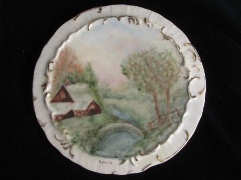 antique painted china tea table trivets, kettle rests w/ landscape scenes