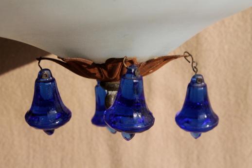 antique painted glass light fixture shade w/ rusty original hardware & shabby glass prisms