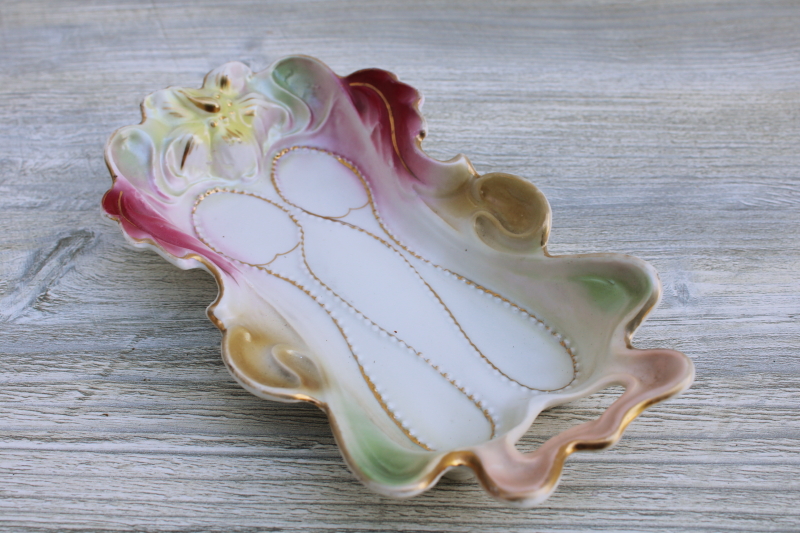 antique painted luster china tray for little tea spoons, RS Prussia style floral mold