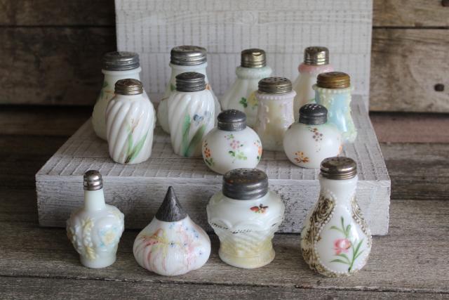 antique painted milk glass shakers, turn of the century vintage pressed pattern glass