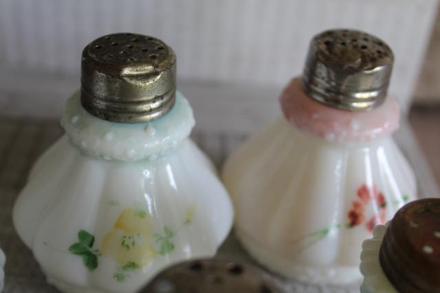 antique painted milk glass shakers, turn of the century vintage pressed pattern glass