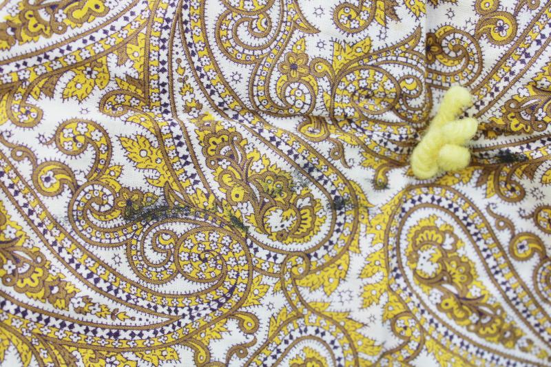antique paisley print cotton tied quilt, wool filled comforter 1920s 30s vintage