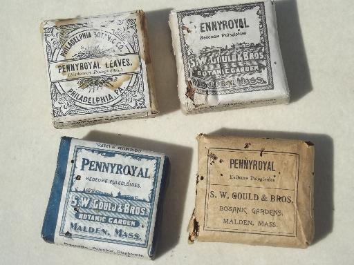 antique paper packets of medicinal herbs w/ old pharmacy medicine labels