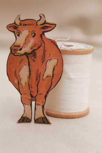 antique paper trade card Coats & Clark sewing thread advertising, toy cow to make w/ spool