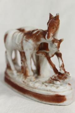 antique parian bisque china figurine marked Germany, horses mare and foal